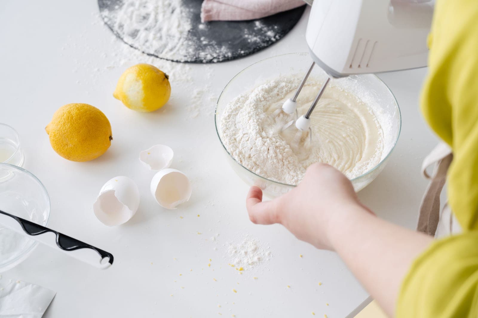 Mixing cake batter in a bowl in a home kitchen